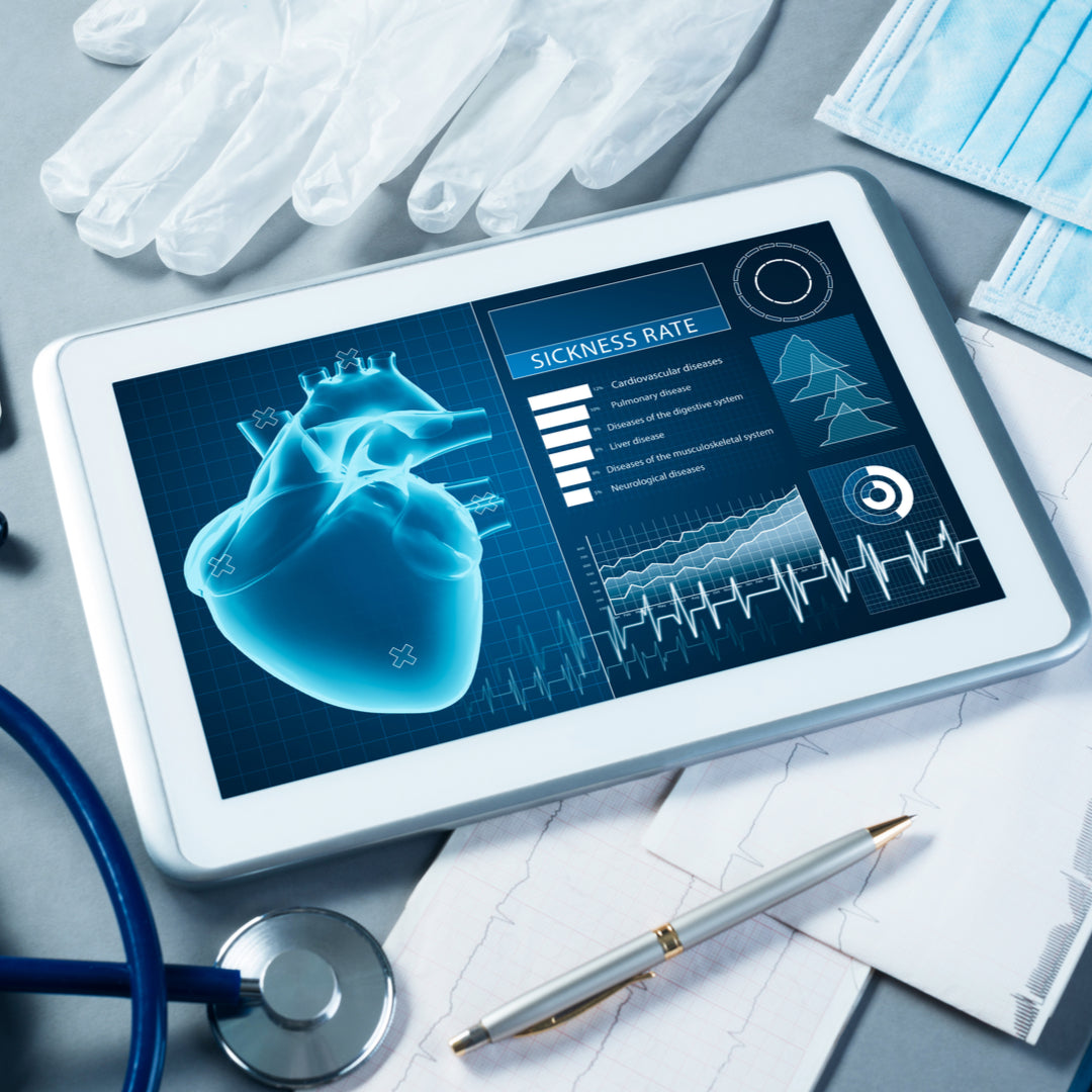 medical equipment and tablet displaying sickness rate