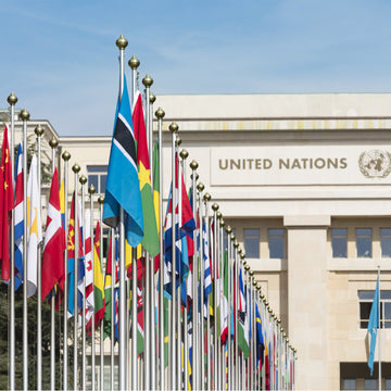 front of the united nations building including the nations' flags